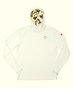 White hoodie with a colorful mask on a white background