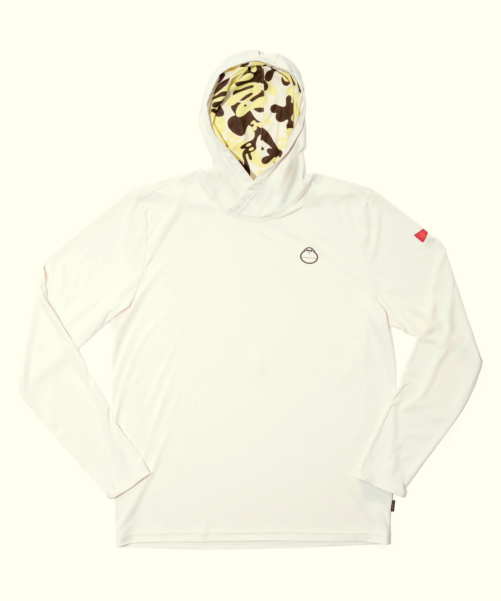 White hoodie with a colorful mask on a white background