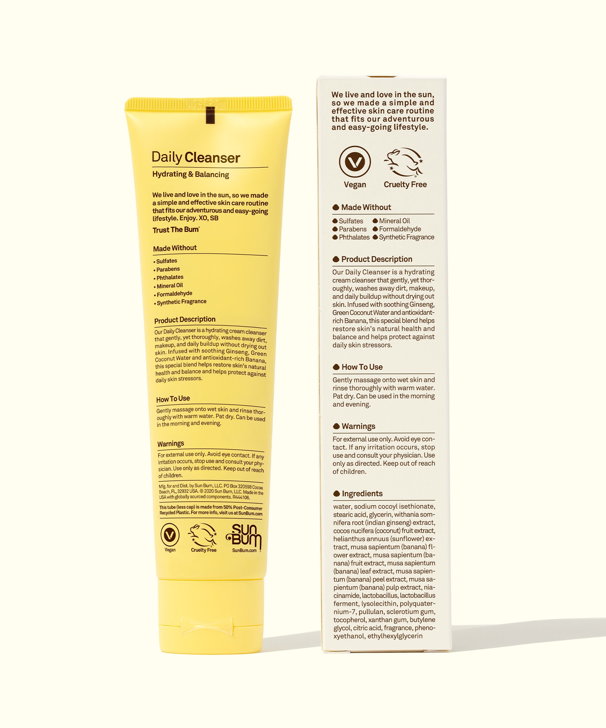 Yellow tube and box of Daily Cleanser, infused with soothing Ginseng, Green Coconut Water, and antioxidant-rich Banana. Gently cleanses without drying. Vegan, Cruelty-Free, Sun Bum.