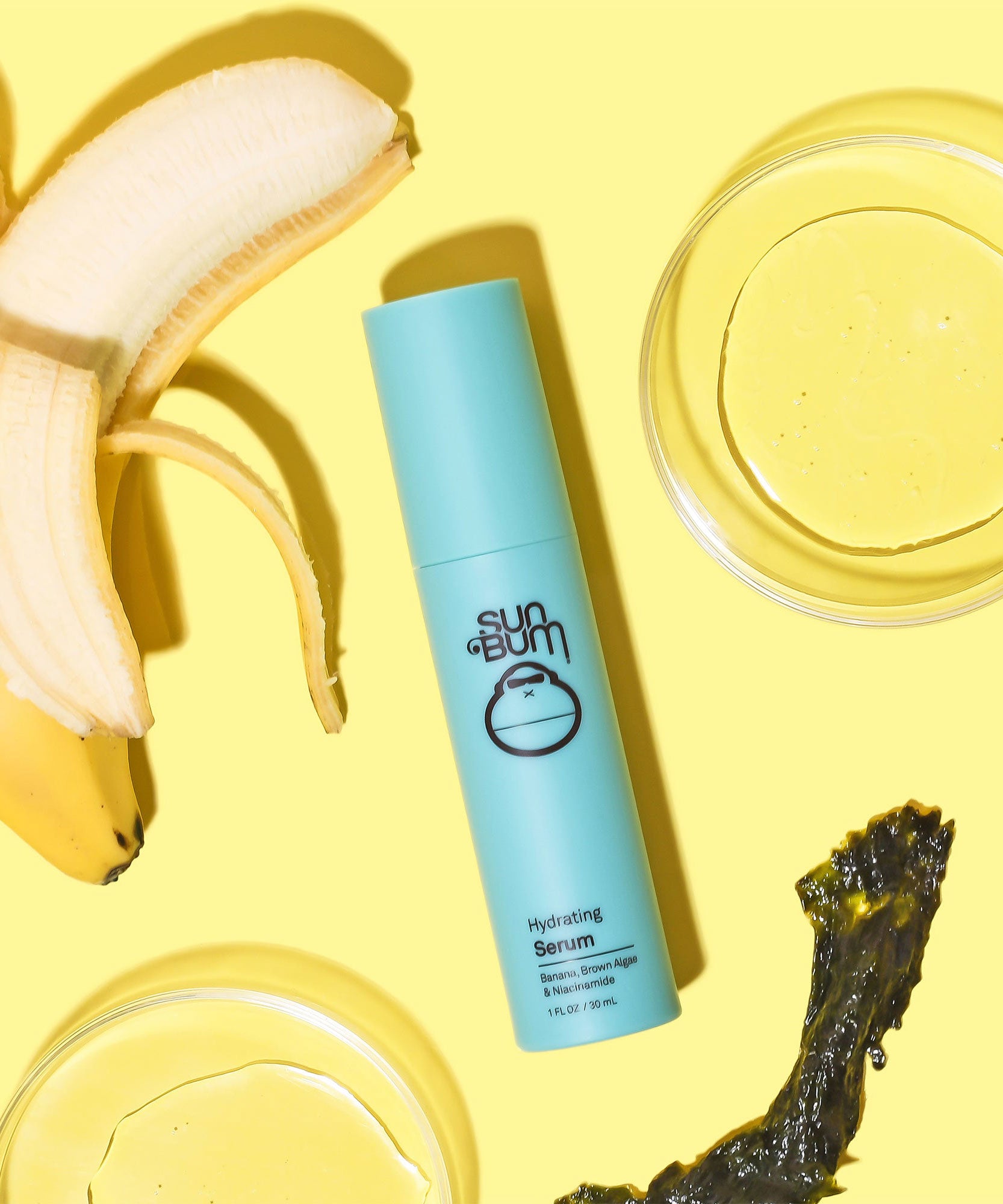 Hydrating Serum featuring nourishing Banana, Brown Algae, and Niacinamide, a daily must-have for moisture and protection. Sun Bum.