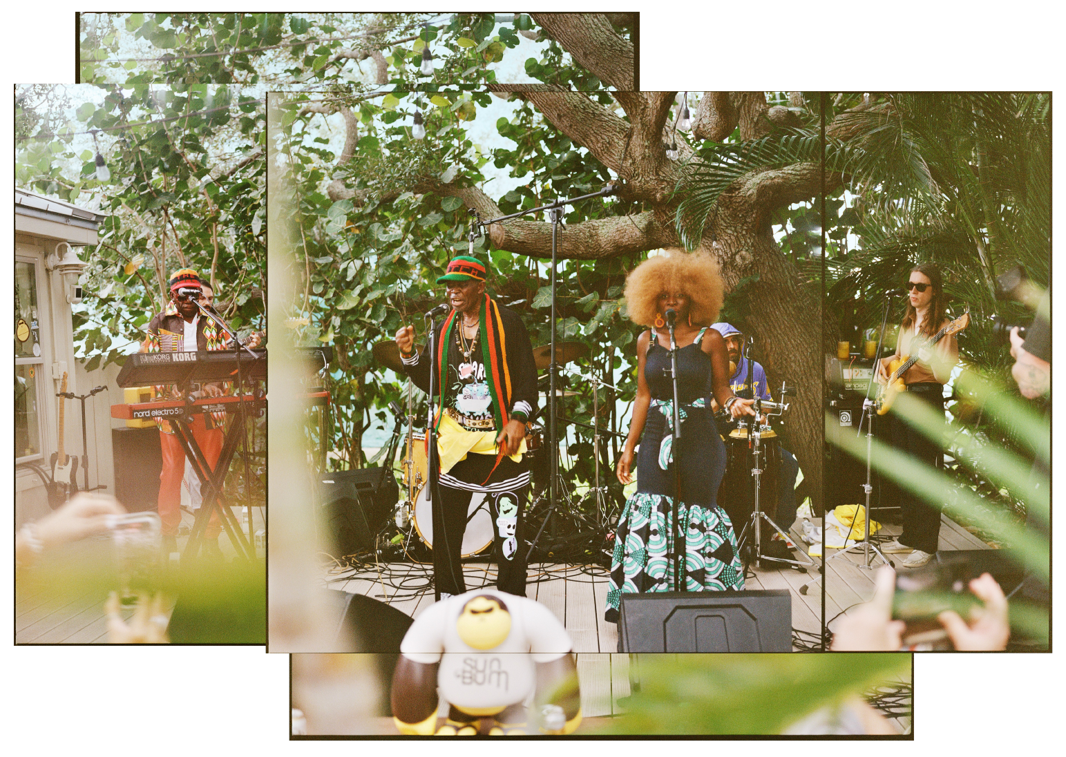 A vibrant triptych showcasing WITCH performing live at Sonny’s Porch. The stage is framed by lush greenery, with band members radiating energy and charisma. The lead singer captivates the crowd, flanked by a soulful keyboardist and a dynamic vocalist in a patterned dress. In the foreground, a Sun Bum figurine subtly ties the scene to the event’s laid-back, tropical vibe.